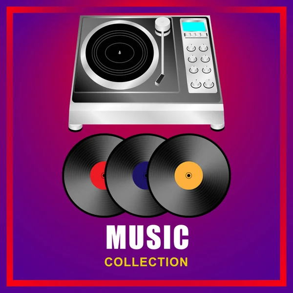 Coleção musical. Gravador de vinil, discos de vinil em fundo abstrato — Vetor de Stock