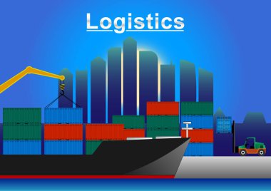 Gemi Konteyner Vinç ve forklift yükleme ile lojistik deniz navlun arka plan.