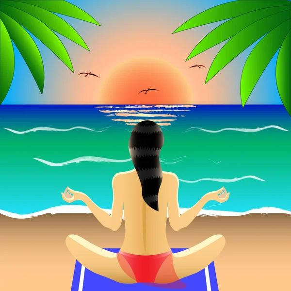 Mayo Lotus pozisyonu arka görünümünde, yoga, meditasyon, sahilde, gündoğumu veya günbatımı nişanlı kız — Stok Vektör