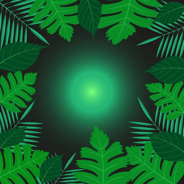 Green tropical exotic leaves around green glowing ballon black background — Stock Vector