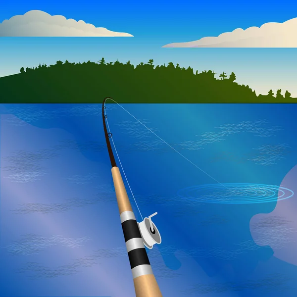 Canna da pesca con mulinello, morso. Pesca, vista in prima persona, stagno / laghetto, foresta all'orizzonte . — Vettoriale Stock