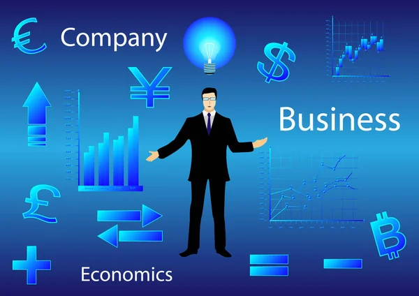 Hombre de negocios entre gráficos y símbolos financieros — Vector de stock