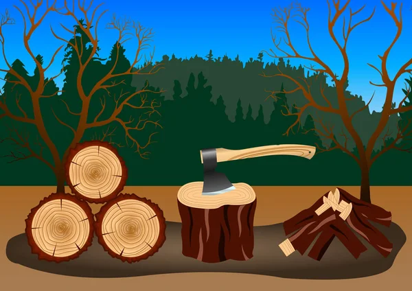 Cosecha de madera en el bosque — Vector de stock