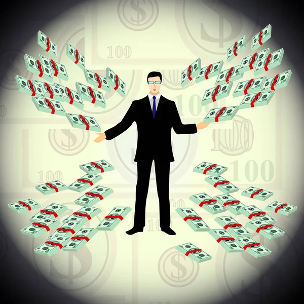 Een man biedt geld, vele dollars, — Stockvector