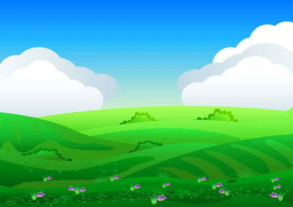 Paisagem de campos bonitos com um amanhecer, colinas verdes, céu azul de cor brilhante, fundo em estilo de desenho animado plano . — Vetor de Stock