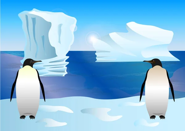 Pinguine auf dem Hintergrund des Eises, Eisberge, im Cartoon-Stil gezeichnet — Stockvektor