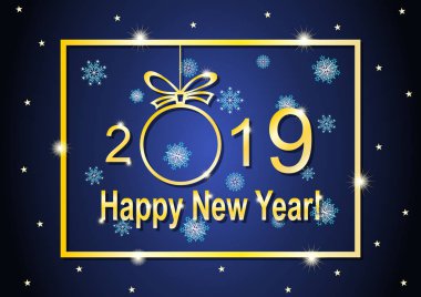 Altın harflerle ve mutlu yeni yıl 2019 mavi arka plan ile çerçeve