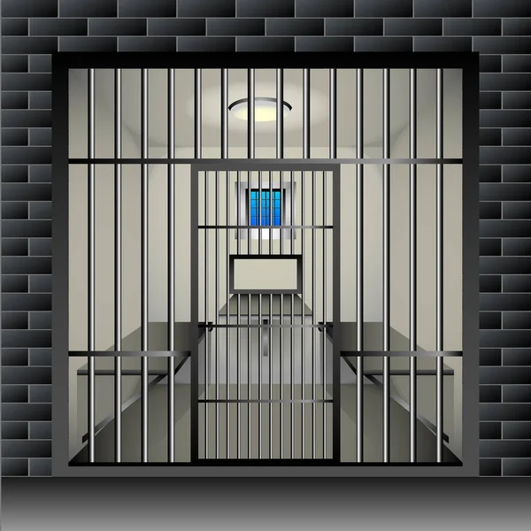 Prison cell. Jail interior room interior with window grille and furniture. — Stock Vector