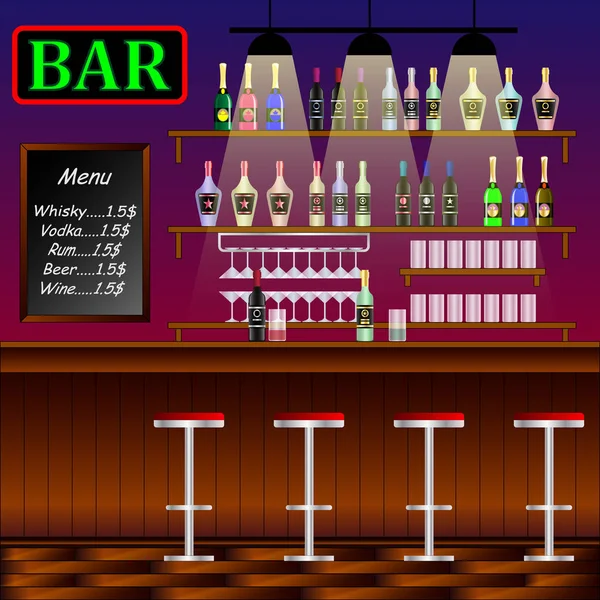 Bar, restaurant avec comptoir. Bannière intérieure avec comptoir de bar, chaises de pub et étagères avec alcool . — Image vectorielle
