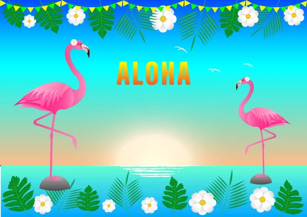 Flamingos ao pôr do sol e mar azul, flores e folhas tropicais nas bordas —  Vetores de Stock