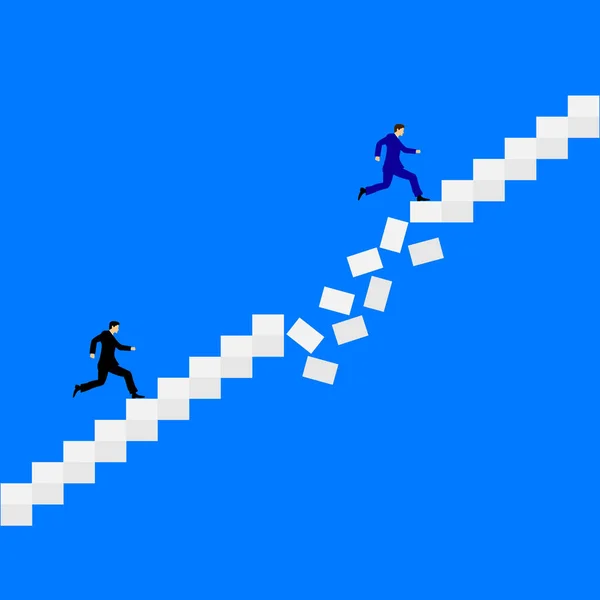 Dos hombres corriendo uno tras otro en las escaleras desmoronándose — Vector de stock