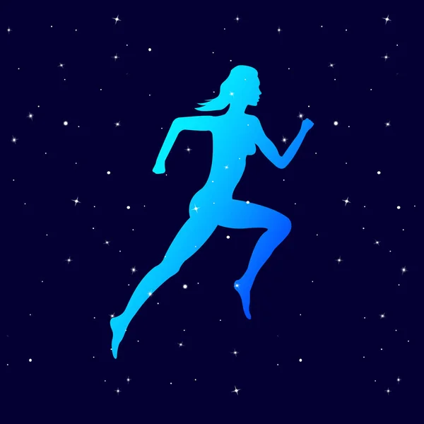 Silhueta transparente de uma menina correndo contra o céu estrelado —  Vetores de Stock