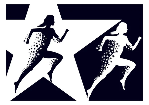Silueta transparente de una chica corriendo con un tren de estrellas — Archivo Imágenes Vectoriales
