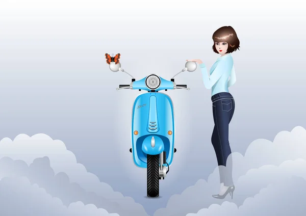 Chica con scooter — Vector de stock