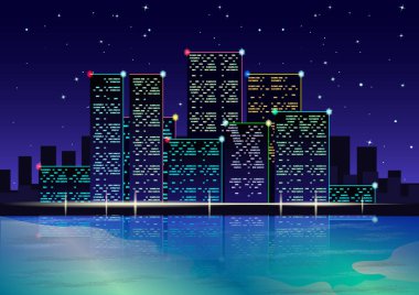 Gece şehir sahilde ışıklar. Neon ışık. Yıldızlı gökyüzü.