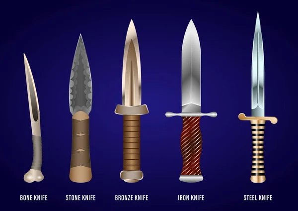 Reális történelmi harci kés készlet: csont, kő, bronz, vas, acél — Stock Vector