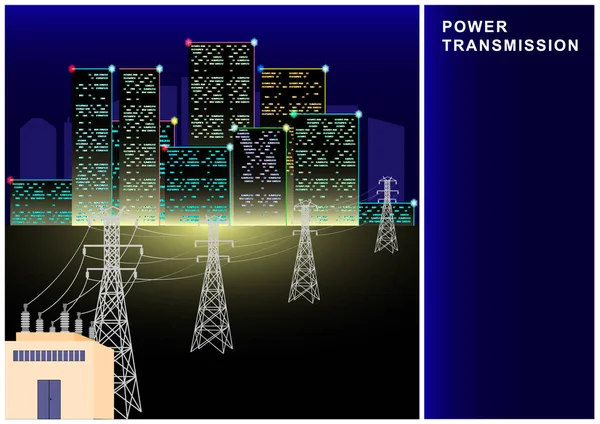 Transmissão de energia, eletricidade, linha de alta tensão, transformador, fonte de alimentação da cidade . — Vetor de Stock