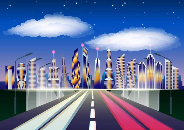 Paesaggio urbano futuro. Autostrada che porta alla città. grattacieli contro nuvole e cielo stellato . — Vettoriale Stock