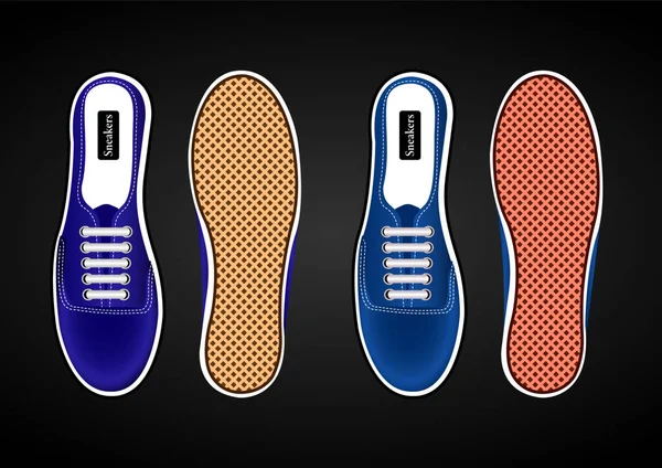 Sportskor Sneakers Realistiska Blå Ovanifrån Och Från Sidorna Sulorna Isolerad — Stock vektor