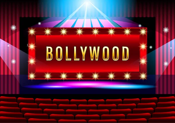 Scène de théâtre réaliste avec bannière rideau rouge Bollywood . — Image vectorielle
