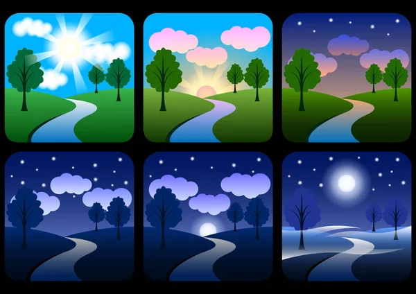 güzel manzara degradelerle. Sunrise, şafak, sabah, gün, öğlen, günbatımı, sis ve gece. Güneş saat Icons set. Doğa manzaraları farklı gün zamanlarda. Vektör çizim