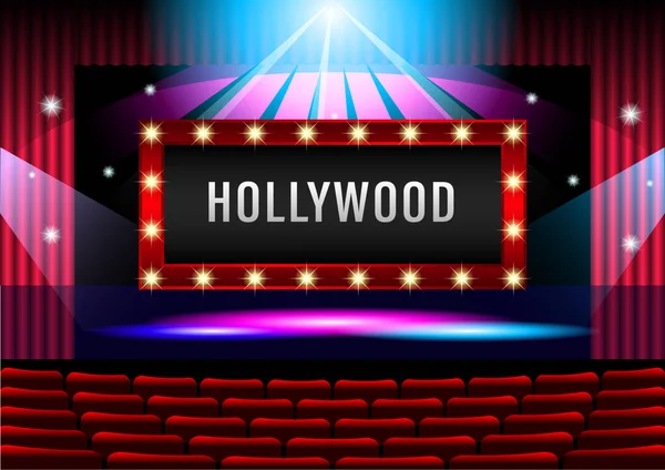 Palco de teatro realista com banner de cortina vermelha Hollywood . — Vetor de Stock