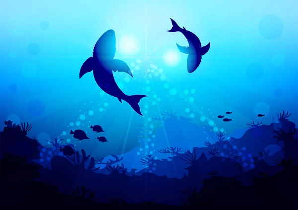 Two big sharks are circling under the water illuminated by sunlight and rays, view with the bottom of the ocean — Stock Vector