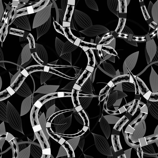 Serpenti e foglie modello senza soluzione di continuità su uno sfondo nero — Vettoriale Stock