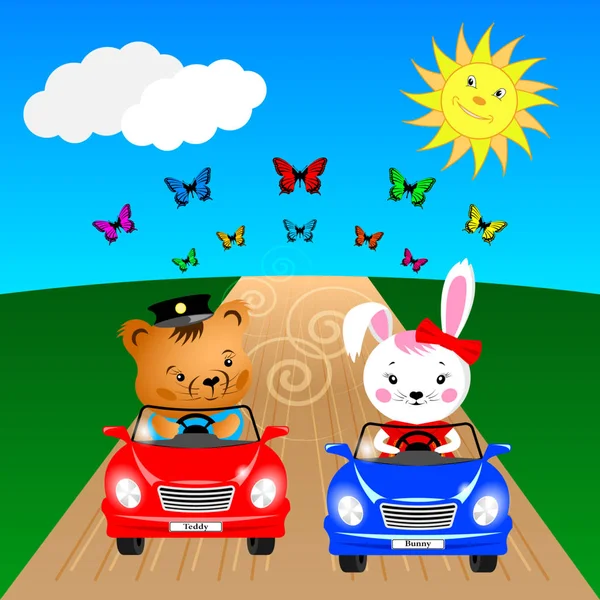 Ours en peluche et lapin dans les voitures — Image vectorielle