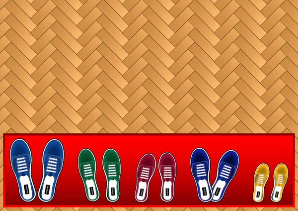 Baskets de membres de la famille sur le tapis rouge et le parquet — Image vectorielle