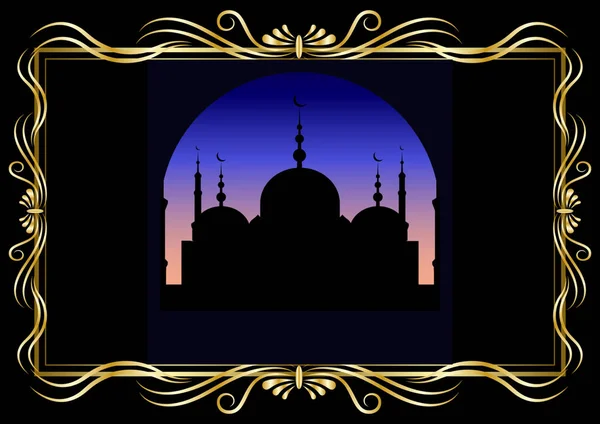 Moldura decorativa dourada e mesquita silhueta à noite ou antes do amanhecer —  Vetores de Stock