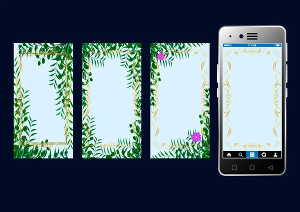 Kommerzielle Geschichten Vorlage Hintergrund für Smartphone. Set Attrappen goldene Zierrahmen und tropische Blätter — Stockvektor