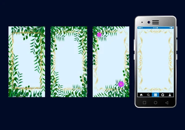 Plantilla Historias Comerciales Fondo para Smartphone. Set maquetas de marcos decorativos dorados y hojas tropicales — Archivo Imágenes Vectoriales