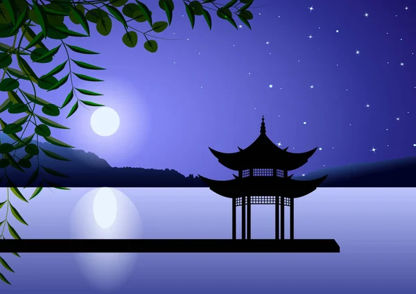 Krásná krajina východní. Pagoda v noci na břehu za úplňku — Stockový vektor