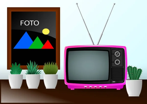 Realistische minimale samenstelling roze kleur oude vintage retro televisie en hause planten op tafel — Stockvector