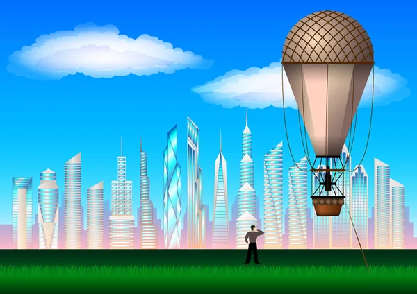 En man från förflutnan bredvid en ballong undersöker den moderna staden i framtiden — Stock vektor