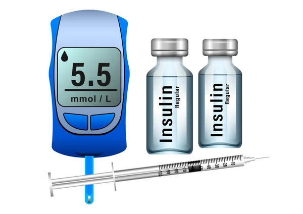 Flacone di insulina e siringa monouso per iniezione isolati su fondo bianco — Vettoriale Stock