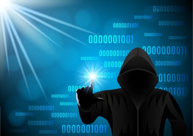 Kapüşonlu adam, dijital arka planda hacker
