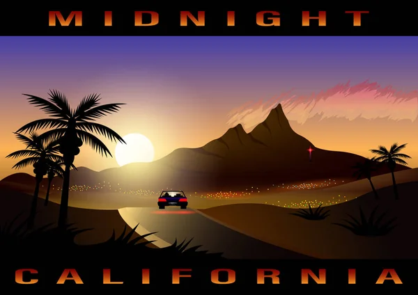 加州， 午夜城市， 热带景观. — 图库矢量图片