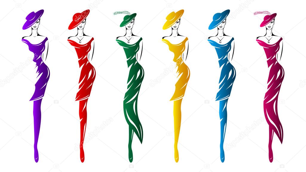 Fashion model for print, shirt, poster. Set of figures of girls in a dress and hats on the podium. Colorful Sketch vector illustration.