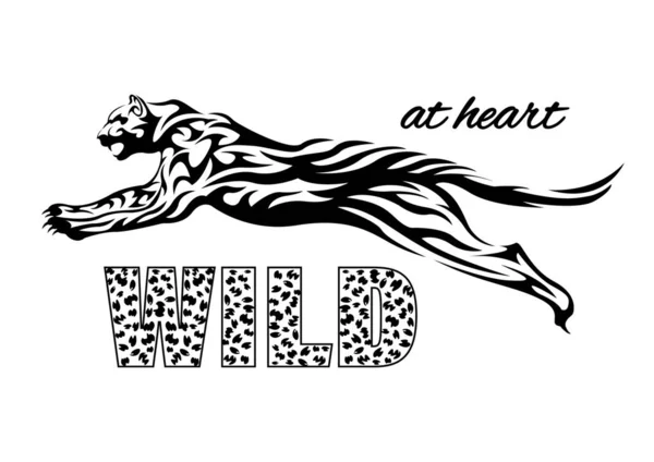 T-shirt jaguar print. Slogan selvagem no coração —  Vetores de Stock