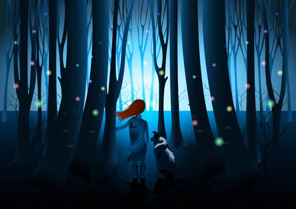 Chica con perro en oscuro bosque de fantasía — Vector de stock