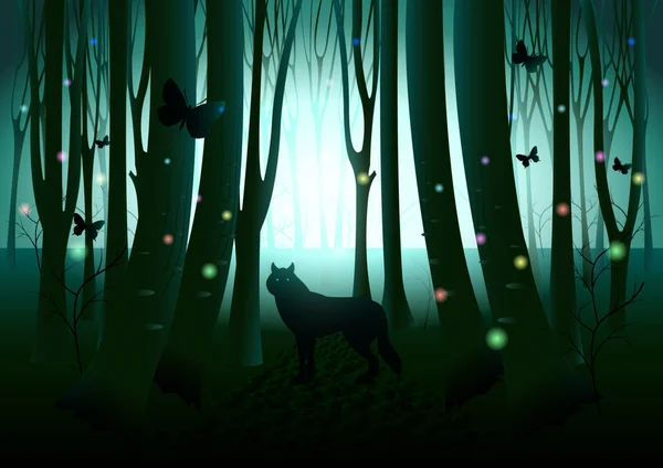 Farkas sziluettje sötét fantasy erdőben — Stock Vector