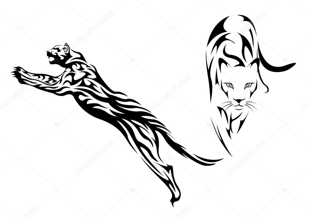 Black wild cat tattoo, print t-shirt. Tribal pattern style vector Illustration