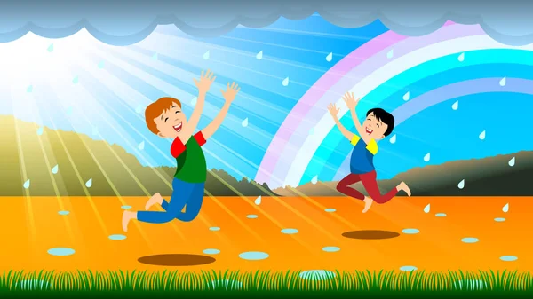Dzieci korzystają z letniego deszczu — Wektor stockowy