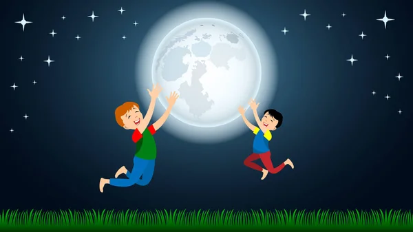 Τα παιδιά απολαμβάνουν τη Σελήνη — Διανυσματικό Αρχείο