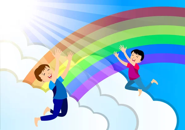 Los niños disfrutan del arco iris de verano — Vector de stock