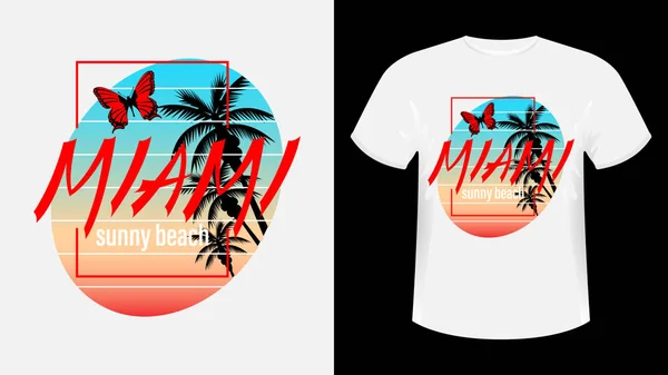 T-shirt ze wzorem Miami, Sunny Beach slogan Print. — Wektor stockowy