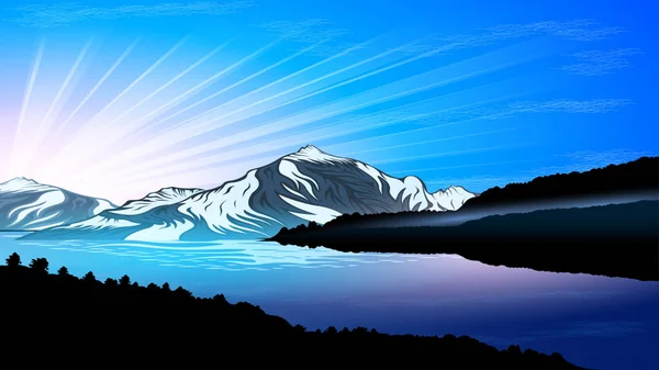 Montañas altas y tranquilo paisaje de agua de río . — Vector de stock