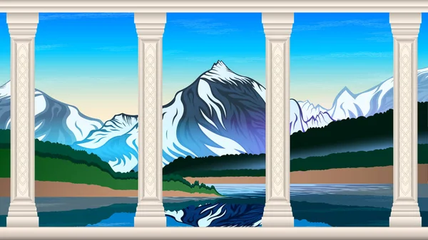 Montañas altas y lago tranquilo paisaje acuático . — Vector de stock